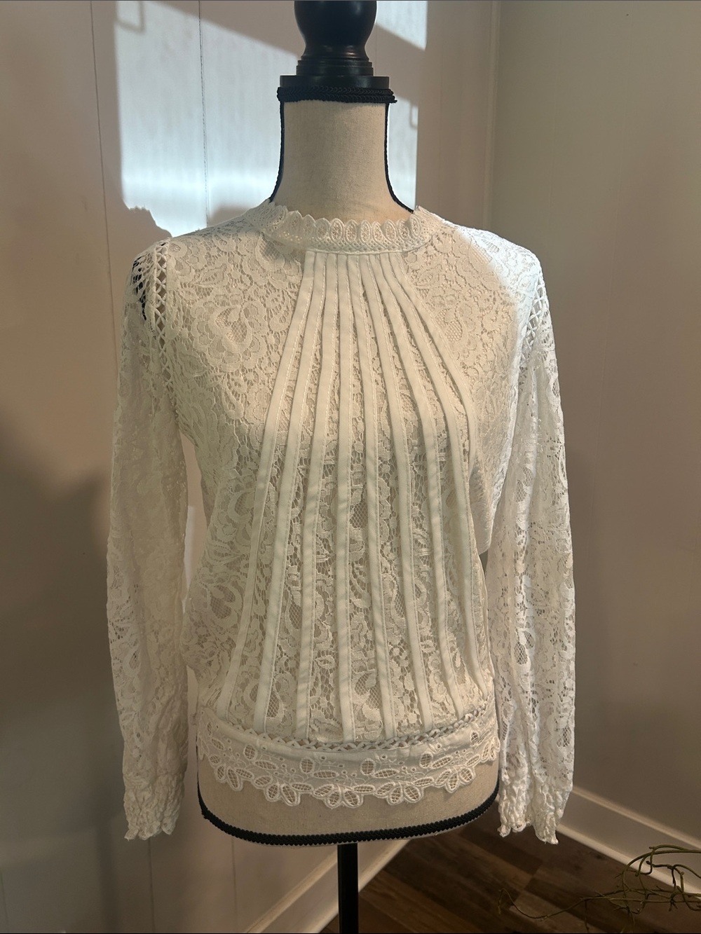 Lace Pintuck Long-Sleeve Blouse in White